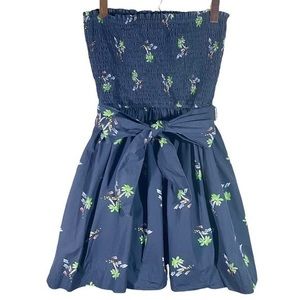 Hollister Navy Palm Print Strapless Smocked Mini Dress M